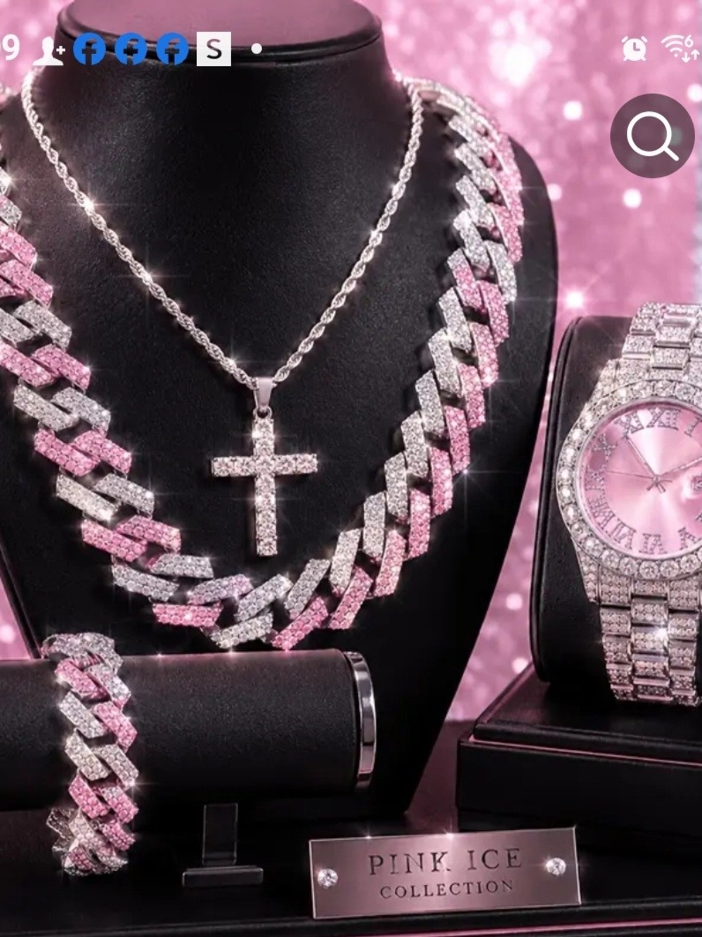 Pink Ice Women's Pink and Silver Cuban Link Necklace Set with Cross Pendant